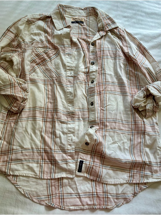 Magellan Outdoors Tops - Magellan Outdoors Cream and Tan Plaid Roll-Tab Button-Down Shirt